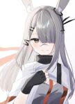  1girl absurdres animal_ears arknights black_gloves blurry cape cleavage_cutout closed_mouth clothing_cutout fingerless_gloves frostnova_(arknights) gloves grey_eyes grey_hair grey_shirt hair_ornament hair_over_one_eye hairclip hand_up high_collar highres light_blush long_hair looking_at_viewer nishimiya_aki one_eye_covered rabbit_ears rabbit_girl scar scar_on_face scar_on_nose shirt smile solo split_mouth upper_body white_background white_cape 