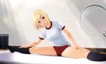  1girl black_socks blonde_hair blue_eyes buruma feet_out_of_frame gym_uniform hair_between_eyes indoors kneehighs leaning_to_the_side looking_at_viewer magnifying_glass mattress no_shoes nonaka_ritsu open_mouth original red_buruma shirt short_sleeves socks solo split white_shirt 