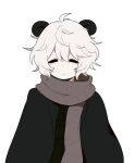  1boy animal_ears bear_boy bear_ears black_coat clarevoir closed_eyes closed_mouth coat green_shirt grey_scarf hair_between_eyes highres male_focus messy_hair open_clothes open_coat original pale_skin scarf shirt short_hair simple_background solo upper_body white_background white_hair 