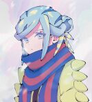  1boy blue_scarf closed_mouth commentary_request eyelashes grusha_(pokemon) hair_bun highres jacket koto-sensei looking_at_viewer male_focus outdoors pokemon pokemon_sv scarf snowing solo striped_clothes striped_scarf upper_body yellow_jacket 