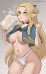  1girl areola_slip blonde_hair blue_capelet braid breasts capelet cum cum_in_container cum_in_cup cup dungeon_meshi elf english_commentary french_braid gokkun green_eyes highres hioyami holding holding_cup large_breasts long_hair marcille_donato navel panties parted_bangs patreon_username pointy_ears solo twin_braids underwear white_panties 