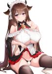  1girl absurdres animal_ears azur_lane bare_shoulders bell breasts brown_hair brown_panties brown_thighhighs clothes_lift clothing_cutout cow_ears cow_girl cow_horns cowbell deogho_(liujinzy9854) dress dress_lift flashing highres horns huge_breasts kashino_(azur_lane) kashino_(maid_for_mayhem)_(azur_lane) light_smile long_hair looking_at_viewer maid_headdress official_alternate_costume panties purple_eyes sitting solo thighhighs two-tone_panties underboob_cutout underwear very_long_hair white_panties 