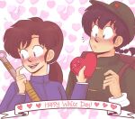  1boy 1girl backpack bag blush brown_hair closed_mouth commission gillotto heart hetero highres kuonji_ukyou nervous open_mouth ranma_1/2 saotome_ranma star_(symbol) teeth upper_teeth_only white_day 