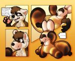 4_panel_comic 5_fingers after_transformation ambiguous_gender animate_inanimate anthro balloon balloon_animal balloon_tail balloon_transformation black-footed_ferret black_body black_fur black_nose bluelemonshibe brown_body brown_fur brown_hair domestic_ferret fingers fur hair inflatable living_inflatable mammal mid_transformation mustelid musteline ombre_background orange_background pawpads simple_background sitting solo solo_focus speech_bubble tan_body tan_fur text transformation transformation_sequence true_musteline weasel