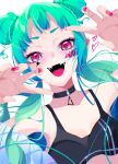  1girl absurdres aqua_hair fangs fingernails goma_irasuto green_hair happy highres long_hair looking_at_viewer nail_polish original pink_eyes pink_nails solo sports_bra sticker sticker_on_face tattoo 