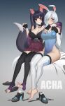  2girls animal_ear_fluff animal_ears bare_hips barefoot black_hair black_nails blue_eyes blue_nails blunt_bangs breast_cutout breasts china_dress chinese_clothes cleavage commission commissioner_upload dress feet fingerless_gloves fox_ears fox_girl gloves grey_hair hair_over_one_eye highres japanese_clothes jarael_(rayer) kimono mikan_(rayer) multiple_girls nail_polish original pleated_skirt rabbit_ears rabbit_girl red_eyes sandals see-through_footwear signature skirt thighhighs thighs toeless_legwear toenail_polish toenails toes twintails w.q.y yukata 