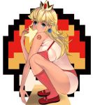  1girl bikini blonde_hair blue_eyes blush breast_press breasts crown full_body kneehighs large_breasts long_hair mario_(series) mary_janes masao mouth_hold mushroom nintendo princess_peach red_bikini revision shiny shiny_skin shoes sideboob solo squatting star striped striped_bikini striped_legwear super_mario_bros. swimsuit tan tanline tattoo 