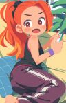  ass bare_shoulders black_tank_top blush cellphone fang high_ponytail highres indoors no_lineart open_mouth orange_eyes orange_hair original pants phone pillow plant red_trim scrunchie skin_fang smartphone sweatpants takarai_shunsuke tank_top v-shaped_eyebrows wrist_scrunchie 