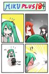  3girls 4koma ? animal_ears black_dress black_hair blush cat_ears catstudioinc_(punepuni) chibi clothes_theft comic dress female_pervert green_eyes green_hair hair_ribbon hatsune_miku highres holding holding_panties kuro_(miku_plus) lifting multiple_girls necktie o_o older open_mouth original panties panties_removed pervert pink_dress puni_(miku_plus) reaching red_eyes red_hair ribbon running shirt skirt smile striped striped_panties teamwork thai theft translated twintails underwear underwear_theft vocaloid |_| 