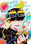  1boy absurdres balloon birthday birthday_cake black_eyes black_hair blue-framed_eyewear cake cake_slice cm_wm commentary_request confetti dated english_text eyewear_on_head food gakuran grid_background happy_birthday highres holding holding_cake holding_food kageyama_shigeo male_focus mob_psycho_100 one_eye_closed open_mouth party_popper school_uniform short_hair simple_background smile solo upper_body white_background 