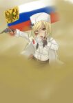  absurdres bandana belt blonde_hair blood blood_from_mouth blood_on_face blood_on_rags cape fingerless_gloves flag frills gas girls&#039;_frontline gloves gun hair_ornament highres historical_event holding holding_weapon imperial_russian_flag injury nagant_m1895 nagant_revolver_(girls&#039;_frontline) pepsi2330 red_eyes revolver weapon white_hat world_war_i 