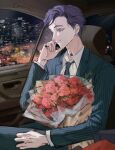  1boy black_necktie bouquet car city_lights earrings empty_eyes flower haitani_ran highres holding holding_bouquet jewelry male_focus motor_vehicle neck_tattoo necktie night nyub purple_hair ring single_earring smirk solo striped_clothes suit tattoo tokyo_revengers window 