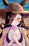  1girl absurdres alternate_costume animal_ears beach black_hair blush breasts closed_eyes collarbone hair_ornament hair_over_one_eye hat highres horse_girl incoming_kiss jewelry nagonago10 necklace ocean open_mouth portrait pov pov_hands rice_shower_(umamusume) ring small_breasts solo_focus straw_hat umamusume 