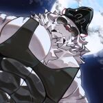  1boy ameno_mikazuki animal_ears bara black_tank_top chest_tuft dislyte foreshortening from_below full_moon furry furry_male highres jin_qiu_(ru_shou)_(dislyte) large_pectorals latex looking_at_viewer looking_down male_focus meme moon muscular muscular_male nipple_slip nipples pectoral_cleavage pectoral_focus pectorals photo-referenced short_hair sidepec solo sunglasses tank_top thick_eyebrows tiger_boy tiger_ears tusks upper_body yur_oc_like_this_(meme) 