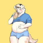 1:1 2022 5_fingers anthro anutka belly biped black_nose blue_bottomwear blue_clothing blue_hoodie blue_shorts blue_topwear blush bottomwear bulge burger canid canine canis clothing digital_media_(artwork) domestic_dog eyebrows eyes_closed fingers floppy_ears food fur hair hand_on_belly hand_on_own_belly hi_res holding_burger holding_food holding_object hoodie male mammal midriff open_mouth overweight overweight_anthro overweight_male shaded shorts simple_background solo standing tail tan_body tan_fur tan_hair topwear yellow_background