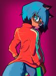 absurd_res anthro blue_bottomwear blue_clothing blue_eyes blue_hair blue_shorts bottomwear brand_new_animal brown_body brown_fur canid canine chel_dew clothed clothing digital_media_(artwork) female fur hair hi_res looking_at_viewer looking_back mammal michiru_kagemori raccoon_dog shorts simple_background solo studio_trigger tail tanuki topwear