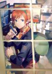  1girl blue_eyes camera chair chisato_madison closed_mouth desk earrings hairband highres jewelry looking_at_viewer looking_outside miyama_(lacrima01) pen pointy_ears red_hair short_hair sitting solo star_ocean star_ocean_the_second_story window 