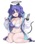  1girl :d absurdres alternate_costume animal_ear_headphones animal_ears bare_shoulders bikini black_choker blue_archive blush breasts cat_ear_headphones cat_ears cat_tail cellphone choker fake_animal_ears ggab0621 hair_between_eyes halo headphones highres holding holding_phone jacket large_breasts long_sleeves looking_at_viewer open_clothes open_jacket open_mouth phone purple_hair simple_background sitting smartphone smile solo stomach swimsuit tail thick_thighs thighs two_side_up wariza white_background white_jacket wide_hips yuuka_(blue_archive) 