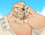  1boy adjusting_eyewear arm_hair bara beard blonde_hair blue_eyes blue_sky cloud cloudy_sky commentary_request facial_hair goldlewis_dickinson guilty_gear guilty_gear_strive hand_on_eyewear kira_nerisu looking_at_viewer male_focus mustache one_eye_covered pectorals sky upper_body 