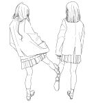  2girls from_behind full_body greyscale hands_in_pockets highres jacket kamatama_rom lineart loafers long_hair long_sleeves medium_hair monochrome multiple_girls original pleated_skirt school_uniform shoes simple_background sketch skirt sleeves_past_wrists socks white_background 