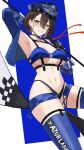  1girl absurdres azur_lane baltimore_(azur_lane) baltimore_(finish_line_flagbearer)_(azur_lane) bikini black_choker blue_background blue_hat blue_jacket breasts brown_hair chest_harness choker cropped_jacket flag haizou_bingsan harness hat highleg highleg_bikini highres jacket large_breasts looking_at_viewer micro_shorts official_alternate_costume peaked_cap race_queen short_hair shorts simple_background solo stomach swimsuit two-tone_background white_background yellow_eyes 