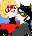  1boy 1girl adrien_agreste animal_ears black_bodysuit black_hair black_mask blonde_hair blue_background bodysuit braid cat_ears cat_girl green_eyes lady_noir long_hair marinette_dupain-cheng mask miracharink0 miraculous_ladybug misterbug_(character) open_mouth red_bodysuit red_mask simple_background single_braid slit_pupils smile superhero_costume tongue tongue_out upper_body 