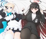  2girls apron black_dress black_hair blonde_hair blue_archive blue_eyes breasts commentary_request dress halo highres koflif large_breasts long_hair long_sleeves looking_at_viewer lying medium_breasts multiple_girls on_back red_eyes rio_(blue_archive) suit toki_(blue_archive) 