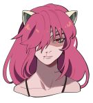  1girl animal_ears bandage_over_one_eye blood blood_on_face cat_ears close-up elfen_lied hair_over_one_eye highres long_hair looking_ahead looking_at_viewer lucy_(elfen_lied) nosebleed pink_hair porqueloin portrait red_eyes simple_background solo spaghetti_strap straight_hair white_background 