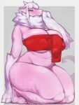 absurd_res anthro big_breasts breasts clothed clothing eyes_closed female front_view hair hi_res horn huge_breasts kneeling onm11 pink_body pink_scales scales scalie skimpy solo spade_tail tail thick_thighs thong_straps topwear white_hair
