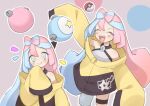  1girl @_@ bare_shoulders blue_hair bow-shaped_hair character_hair_ornament grey_pantyhose hair_ornament iono_(pokemon) jacket long_hair long_sleeves multicolored_hair multiple_views outline pantyhose pink_eyes poke_ball poke_ball_(basic) pokemon pokemon_sv sharp_teeth single_leg_pantyhose sleeves_past_fingers sleeves_past_wrists smile teeth thigh_strap twintails two-tone_hair upper_teeth_only very_long_hair white_outline wide_sleeves wt9888 yellow_jacket 