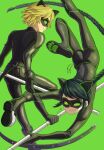  1boy 1girl adrien_agreste animal_ears black_bodysuit black_hair black_mask blonde_hair bodysuit braid cat_boy cat_ears cat_girl chat_noir full_body green_eyes highres hm89509321 lady_noir long_hair looking_at_another marinette_dupain-cheng mask miraculous_ladybug simple_background single_braid superhero_costume 