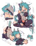  1girl :3 all_fours animal_ears aqua_eyes aqua_hair aqua_nails ass ass_focus bare_shoulders black_skirt blue_necktie blush boots cat_ears cat_tail collared_shirt detached_sleeves fingernails hair_ornament hatsune_miku heart highres kemonomimi_mode long_hair motion_lines multiple_views navel necktie o_(jshn3457) one_eye_closed panties pleated_skirt shirt simple_background sitting skirt sleeveless sleeveless_shirt striped_clothes striped_panties tail thigh_boots top-down_bottom-up trembling twintails underwear very_long_hair vocaloid white_background 