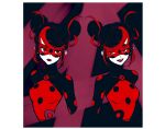  2girls bodysuit bug double_bun earrings hair_bun highres hoshi_mi jewelry ladybug marinette_dupain-cheng miraculous_ladybug multiple_girls red_bodysuit red_eyes red_mask shadybug smile superhero_costume upper_body 