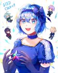  1girl 4boys aqua_hair ashe_bradley black_capelet black_gloves black_pants blonde_hair blue_bow blue_choker blue_eyes blue_flower blue_hair blue_hairband blue_ribbon blue_suit blush_stickers bow braid breasts capelet character_name chibi chibi_inset choker claire_elford closed_eyes closed_mouth collarbone crescent crescent_earrings earrings elbow_gloves flower frilled_choker frills gloves green_jacket hair_between_eyes hair_bow hair_intakes hairband happy_birthday highres holding holding_star hood hood_down hoodie jacket jewelry large_breasts multiple_boys necklace noel_levine open_mouth own_hands_together pants pu0070201 puffy_short_sleeves puffy_sleeves purple_eyes purple_hair red_eyes red_hair red_hoodie ribbon shiny_eyes shirt short_hair short_sleeves single_braid sirius_gibson smile solo_focus star_(symbol) suit teeth upper_teeth_only white_background white_shirt wilardo_adler witch&#039;s_heart yellow_trim 