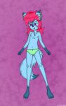 absurd_res anthro blossomblaze canid canine canis chest_fur clothing fan_character female flat_chested freckles hair hi_res long_hair long_tail looking_at_viewer mammal nipples open_mouth panties pose solo spread_arms spread_legs spreading standing tail underwear wolf