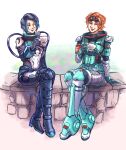  2girls ^_^ apex_legends black_bodysuit black_footwear black_gloves black_hair blue_hair blue_lips bodysuit boots cable catalyst_(apex_legends) closed_eyes cup eyebrow_piercing gloves goggles goggles_on_head hair_behind_ear holding holding_cup horizon_(apex_legends) knee_pads mikepo multicolored_hair multiple_girls orange_hair parted_lips piercing short_hair sitting smile spacesuit streaked_hair 