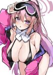  1girl bikini black_bikini blue_archive breasts cleavage eimi_(blue_archive) eimi_(swimsuit)_(blue_archive) goggles goggles_on_head highres large_breasts long_hair looking_at_viewer mutou_mame pink_eyes pink_hair solo swimsuit very_long_hair 