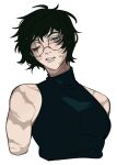  1girl bare_arms black_hair black_shirt blue_eyes burn_scar glasses highres jujutsu_kaisen muscular muscular_female one_eye_closed parted_lips porqueloin round_eyewear scar scar_across_eye shirt short_hair simple_background sleeveless sleeveless_shirt solo teeth too_many too_many_scars turtleneck upper_body white_background zen&#039;in_maki 