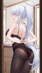  1girl absurdres ass black_bra black_panties black_pantyhose blue_archive blush bra breasts closed_eyes cowboy_shot fingernails grey_hair halo highres indoors large_breasts long_hair mechanical_halo noa_(blue_archive) open_mouth panties panties_under_pantyhose pantyhose smile solo underwear yj_(yojo_san) 