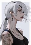  1girl arm_tattoo black_tank_top breasts chainsaw_man cigarette collarbone earrings eyelashes eyepatch from_side grey_background grey_eyes grey_hair hair_between_eyes hair_ornament highres jewelry lee_kimsan long_hair necklace parted_lips ponytail quanxi_(chainsaw_man) smoking solo tank_top tattoo 