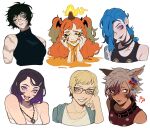 1girl ? ?? animal_ears arcane:_league_of_legends arcane_jinx bare_arms bat_hair_ornament black_hair black_sclera black_shirt blue_eyes blue_hair blunt_bangs bob_cut bright_pupils burn_scar chainsaw_man character_request closed_mouth colored_sclera facepaint fiery_hair flower freckles glasses glowing glowing_eyes green_hair grey_hair grin hair_flower hair_ornament hair_over_one_eye hands_on_own_face head_tilt heterochromia highres jackie_lanturne_(porqueloin) jewelry jinx_(league_of_legends) jujutsu_kaisen league_of_legends long_hair monster_girl multicolored_hair muscular muscular_female necklace one_eye_closed open_mouth orange_blood orange_eyes orange_hair original parted_lips pink_eyes porqueloin purple_hair purple_lips rectangular_eyewear red_eyes red_hair round_eyewear scar scar_across_eye shirt short_hair simple_background sleeveless sleeveless_shirt smile solo suggestive_fluid tank_top teeth tongue tongue_out too_many too_many_scars turtleneck twintails two-tone_hair upper_body very_short_hair white_background white_eyes white_pupils white_shirt yellow_eyes yuko_(chainsaw_man) zen&#039;in_maki 