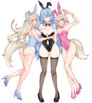  3girls ahoge animal_ear_fluff animal_ears armpits ass bare_shoulders black_footwear black_leotard black_thighhighs blonde_hair blue_bow blue_bowtie blue_eyes blue_footwear blue_hair blue_leotard blush bow bowtie breasts cleavage colored_tips commission covered_navel detached_collar dog_ears dog_girl dog_tail fake_animal_ears fang fuwawa_abyssgard hair_between_eyes hair_ornament heart heart_ahoge high_heels highleg highleg_leotard highres hololive hololive_english large_breasts leotard long_hair looking_at_viewer ma_draws mococo_abyssgard multicolored_hair multiple_girls navel one_eye_closed open_mouth pantyhose pink_bow pink_bowtie pink_eyes pink_footwear pink_hair pink_leotard playboy_bunny pointy_ears rabbit_ears red_bow red_bowtie short_hair siblings sisters skin_fang small_breasts strapless strapless_leotard streaked_hair tail thighhighs thighs traditional_bowtie twins virtual_youtuber wrist_cuffs yellow_eyes yukihana_lamy 