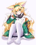  1girl absurdres ahoge animal_ear_fluff animal_ears arknights black_scarf blonde_hair blush chinese_commentary closed_mouth commentary_request cosplay feet fox_ears fox_girl fox_tail full_body fur_trim green_eyes green_jacket green_nails hair_ornament hairband hairclip highres jacket kitsune knees_up long_hair long_sleeves looking_at_viewer material_growth multicolored_hair multiple_tails nail_polish no_shoes off_shoulder oripathy_lesion_(arknights) panties panties_under_pantyhose pantyhose scarf shadow shirt simple_background sitting skirt smile soles solo suzuran_(arknights) tail toes underwear white_background white_hair white_panties white_pantyhose white_shirt yuki_kokoro 