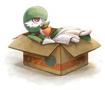  berries box cardboard_box dress flat_chest gardevoir gen_3_pokemon green_hair in_box in_container inumura_(inu_noya) no_humans oran_berry pokemon pokemon_(creature) red_eyes shadow simple_background sweatdrop white_background 