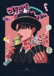  1boy candy fedora food hat highres holding holding_candy holding_food holding_lollipop levi_(shingeki_no_kyojin) licking lollipop mimi_(61743952) official_alternate_costume shingeki_no_kyojin solo suit swirl_lollipop tongue tongue_out 