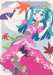  1girl :d autumn_leaves bare_shoulders blue_eyes blunt_bangs blunt_ends brown_thighhighs commentary_request detached_sleeves dress feathers feet_out_of_frame green_hair hairband hand_fan hands_up holding holding_fan idol_clothes ku_(residual666) long_hair looking_at_viewer open_mouth pink_dress pink_hairband pretty_series pripara smile solo standing thighhighs tsukikawa_chili two_side_up 