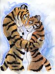  blue_eyes couple duo feline gay green_eyes hufnaar hug male mammal nude side_view size_difference tiger 