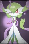  absurdres black_eyes blush bob_cut ditto dress envi55109095 gardevoir green_hair highres one_eye_closed open_mouth pink_eyes pokemon pokemon_(creature) purple_background restrained simple_background tentacles white_dress 