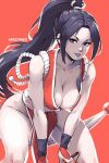  1girl artist_name bare_shoulders breasts cleavage collarbone cowboy_shot fatal_fury folded_fan folding_fan forehead hand_fan high_ponytail holding holding_fan japanese_clothes leaning_forward looking_at_viewer miss_faves parted_lips red_background red_theme revealing_clothes shiranui_mai smile solo the_king_of_fighters thighs 