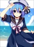  1girl :o alternate_costume anchor_symbol black_sailor_collar blue_dress blue_eyes blue_sky bluestar_iz blush_stickers border bow buttons claire_elford clothes_lift collarbone dress dress_lift hair_between_eyes hand_to_head hat hat_bow jaggy_lines looking_at_viewer open_mouth sailor_collar sailor_dress sailor_hat short_hair sky solo star_(symbol) striped_bow water white_border white_hat witch&#039;s_heart 